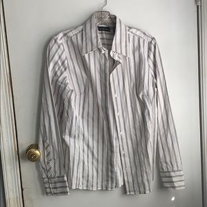 white black and brown stripe button down